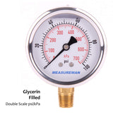 MEASUREMAN 2-1/2" Dial Size, Glycerin Filled Pressure Gauge, 0-100psi/kpa, 304 Stainless Steel Case, 1/4"NPT Lower Mount 2 Pack