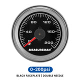 Measureman 200 PSI Mechanical Dual Analog Air Pressure Gauge for Air Ride Suspension Systems Black Dial Backlit Clear Lens Red & White Needles 2" 52mm