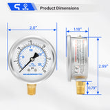 MEASUREMAN PRO 2" Dial Size, Glycerin Filled Pressure Gauge, 0-30psi/kpa, 304 Stainless Steel Case, 1/4" NPT Lower Mount, Lead-Free