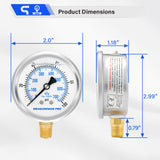 MEASUREMAN PRO 2" Dial Size, Glycerin Filled Pressure Gauge, 0-100psi/kpa, 304 Stainless Steel Case, 1/4" NPT Lower Mount,Lead-Free