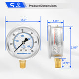 MEASUREMAN PRO 2" Dial Size, Glycerin Filled Pressure Gauge, 0-60psi/kpa, 304 Stainless Steel Case, 1/4" NPT Lower Mount, Lead-Free