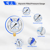 MEASUREMAN PRO 2.5'' Glycerin Filled Pressure Gauge, 0-30psi/kpa, 304 Stainless Steel Case, 1/4" NPT Lower Mount,for Pool Sand Filter, Water Pump, Propane, Coolant, CO2, Gas Test