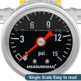 MEASUREMAN 0-15 Psi Glycerin Filled Fuel Pressure Gauge, 1.5” Dial, 304 Stainless Steel Case, 1/8” NPT Center Back Mount, with 3/8” Fuel Line Adapter, Copper Tube & Fittings, Red Aluminum Pointer