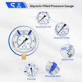 MEASUREMAN PRO 2.5'' Glycerin Filled Pressure Gauge, 0-300psi/kpa, 304 Stainless Steel Case, 1/4" NPT Lower Mount,for Regulator, Air Compressor, Water System, HVAC, Hydraulic Test