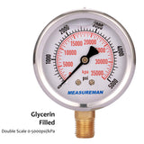 MEASUREMAN 2-1/2" Dial Size, Liquid Filled Hydraulic Pressure Gauge, 0-5000psi/kpa, 304 Stainless Steel Case, 1/4"NPT Lower Mount 2 Pack