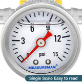 MEASUREMAN 0-15 Psi Glycerin Filled Fuel Pressure Gauge, 1.5” Dial, 304 Stainless Steel Case, 1/8” NPT Center Back Mount, with 3/8” Fuel Line Adapter, Copper Tube & Fittings, Red Aluminum Pointer