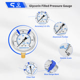MEASUREMAN PRO 2.5'' Glycerin Filled Pressure Gauge, 0-60psi/kpa, 304 Stainless Steel Case, 1/4" NPT Lower Mount,for Pool Sand Filter, Water Pump, Propane, Coolant, CO2, Gas Test