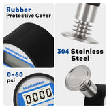 MEASUREMAN Sanitary Digital Pressure Gauge, 0-60 PSI, 2-1/2" Dial, 1/4" NPT Lower Mount & 60mm Tri-Clamp, 316 Stainless Steel, 1% FS Accuracy, Battery Powered with LED Backlight