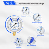MEASUREMAN PRO 2.5'' Glycerin Filled Pressure Gauge, 0-15psi/kpa, 304 Stainless Steel Case, 1/4" NPT Lower Mount,for Pool Sand Filter, Water Pump, Propane, Coolant, CO2, Gas Test