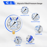 MEASUREMAN PRO 2.5'' Glycerin Filled Pressure Gauge, 0-160psi/kpa, 304 Stainless Steel Case, 1/4" NPT Lower Mount,for Pool Sand Filter, Water Pump, Propane, Coolant, CO2, Gas Test
