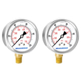MEASUREMAN 2-1/2" Dial Size, Glycerin Filled Pressure Gauge, 0-100psi/kpa, 304 Stainless Steel Case, 1/4"NPT Lower Mount 2 Pack