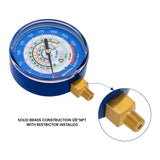 MEASUREMAN Refrigeration Pressure Gauge, 3-1/8” Blue Dial, 30inHg-250psi, 250-500psi Retarded Range, Adjustable Pointer, 1/8” NPT Lower Mount, Compatible with R-134a, R-404A, R-22, R-410A, Degree F