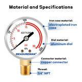 MEASUREMAN Low and High Pressure Gauges for Acetylene Regulator 0-30 psi & 0-400 psi - 2 Inches (Pair) with 1/4" Thread for LDP Regulators