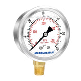 MEASUREMAN 0-100psi/kpa Liquid Filled Pressure Gauge with Brass Gauge Adaptor 1/4NPT Female，2-1/2 OAL x 1-2/5" x 1/8" Probe with Stainless Steel Sheath，Pressure Test Kit