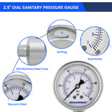 MEASUREMAN Stainless Steel Sanitary Pressure Gauge, 2.5” Dial, 0-100 PSI Range, Glycerin Filled, 1.5” Tri Clamp Bottom Mount