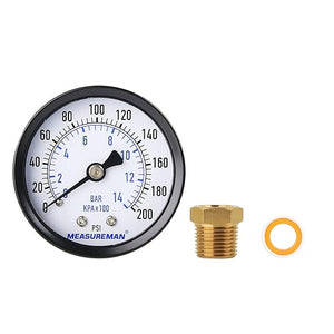 Measureman 2" Well Pump Pressure Gauge, 0-200psi/bar, 1/4" NPT Male with 1/2" NPT Adaptor, +/-3-2-3% Accuracy，Back Mount