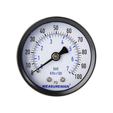 Measureman 2" Well Pump Pressure Gauge, 0-100psi/bar, 1/4" NPT Male with 1/2" NPT Adaptor, -3-2-3% Accuracy，Back Mount