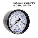 Measureman 2" Well Pump Pressure Gauge, 0-100psi/bar, 1/4" NPT Male with 1/2" NPT Adaptor, -3-2-3% Accuracy，Back Mount