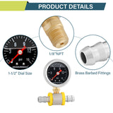 MEASUREMAN 0-15 Psi Glycerin Filled Fuel Pressure Gauge, 1.5” Dial, 304 Stainless Steel Case, 1/8” NPT Lower Mount, with 3/8” Fuel Line Adapter, Copper Tube & Fittings, Red Aluminum Pointer