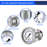 MEASUREMAN 2.5" Stainless Steel Sanitary Pressure Gauge, 0-60 PSI/bar (Dual Scale), Glycerin Filled, Back Mount with 1.5" Tri-Clamp Diaphragm Seal for Food/Beverage/Bio Pharma