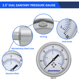 MEASUREMAN 0-60 PSI Sanitary Pressure Gauge - Liquid Filled Stainless Steel for Brewery & Food Processing, 4" Dial with 1.5" Tri-Clamp Bottom Mount
