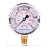 MEASUREMAN 2-1/2" Dial Size, Glycerin Filled Pressure Gauge, 0-100psi/kpa, 304 Stainless Steel Case, 1/4"NPT Lower Mount 2 Pack