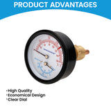 MEASUREMAN Commercial Tridicator Boiler Gauge Kit, 2.5" Dial, 0-75 PSI (ft H₂O) & 70-320°F, 1/4" NPT Back Mount with 1/2" NPT Adapter and O-Ring（2.95'' Stem）
