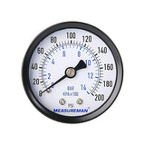 Measureman 2" Well Pump Pressure Gauge, 0-200psi/bar, 1/4" NPT Male with 1/2" NPT Adaptor, +/-3-2-3% Accuracy，Back Mount