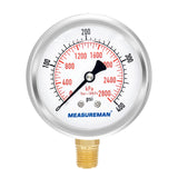 MEASUREMAN 2-1/2" Dial Size, Oil Filled Pressure Gauge, 0-400psi/2800kpa, 304 Stainless Steel Case, 1/4"NPT Lower Mount