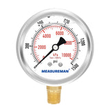 MEASUREMAN 2-1/2" Dial Size, Oil Filled Pressure Gauge, 0-400psi/2800kpa, 304 Stainless Steel Case, 1/4"NPT Lower Mount