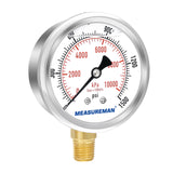 MEASUREMAN 2-1/2" Dial Size, Oil Filled Pressure Gauge, 0-400psi/2800kpa, 304 Stainless Steel Case, 1/4"NPT Lower Mount
