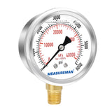 MEASUREMAN 2-1/2" Dial Size, Oil Filled Pressure Gauge, 0-400psi/2800kpa, 304 Stainless Steel Case, 1/4"NPT Lower Mount