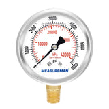 MEASUREMAN 2-1/2" Dial Size, Oil Filled Pressure Gauge, 0-400psi/2800kpa, 304 Stainless Steel Case, 1/4"NPT Lower Mount