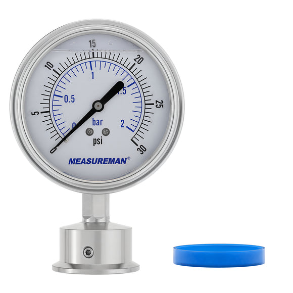 MEASUREMAN 0-30 PSI Sanitary Pressure Gauge - Liquid Filled Stainless Steel for Brewery & Food Processing, 4