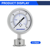 MEASUREMAN 0-30 PSI Sanitary Pressure Gauge - Liquid Filled Stainless Steel for Brewery & Food Processing, 4" Dial with 1.5" Tri-Clamp Bottom Mount