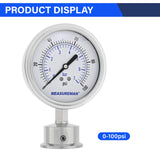 MEASUREMAN 0-100 PSI Sanitary Pressure Gauge - Liquid Filled Stainless Steel for Brewery & Food Processing, 4" Dial with 1.5" Tri-Clamp Bottom Mount