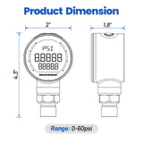 MEASUREMAN 65mm Digital Industrial Pressure Gauge 0–60 PSI, 0.4% FS, 1/4" NPT, Stainless Steel, Bluetooth & Backlit LCD, High-Precision Hydraulic, Water & Air Pressure Measurement