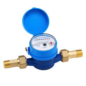 MEASUREMAN 1/2” Non-Pulsed Single-Jet Gallon Water Meter, Durable Blue Brass Construction, Compact 15mm Flow Size, Perfect for Home Cold Water Applications