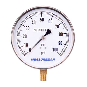 Measureman 304 Stainless Steel Case,  Lead Free Contractor Pressure Gauge, 0-100Psi, 4-1/2" Dial Size, +/-1% Accuracy, 1/4" NPT Lower Mount