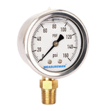 MEASUREMAN Lead-Free Glycerin Filled Pressure Gauge, 0-160psi, RV Regulator Replacement Pressure Gauge, 2" x 1/4"NPT Lower, Stainless Steel Case, Brass Inside,