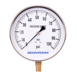 Measureman 304 Stainless Steel Case,  Lead Free Contractor Pressure Gauge, 0-100Psi, 4-1/2" Dial Size, +/-1% Accuracy, 1/4" NPT Lower Mount