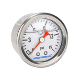 MEASUREMAN 1-1/2" Dial Size, Glycerin Filled Fuel Pressure Gauge, 304 Stainless Steel case, 0-15Psi, 3-2-3%, 1/8"NPT Rear Mount -100pcs