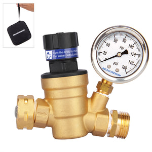 Measureman Handle Adjustable Lead-Free Brass RV Pressure Regulator, Pressure Reducer With Liquid Filled Pressure Gauge 160psi and Inlet Screened Filter For Camper, Trailer, RV, Garden, Plumbing System
