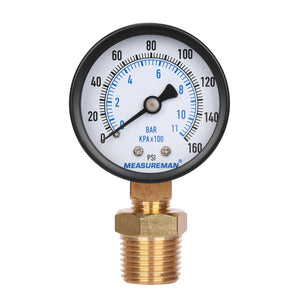 Measureman 2" Well Pump Pressure Gauge, 0-160psi/bar, 1/4"NPT Male with 1/2"NPT Adaptor, -3-2-3% Accuracy