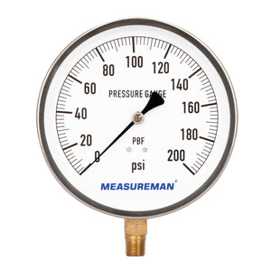 MEASUREMAN 304 Stainless Steel Case, Contractor Pressure Gauge, 0-200Psi, 4-1/2" Dial Size, -1% Accuracy, 1/4" NPT Lower Mount