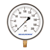 MEASUREMAN 304 Stainless Steel Case, Contractor Pressure Gauge, 0-200Psi, 4-1/2" Dial Size, -1% Accuracy, 1/4" NPT Lower Mount