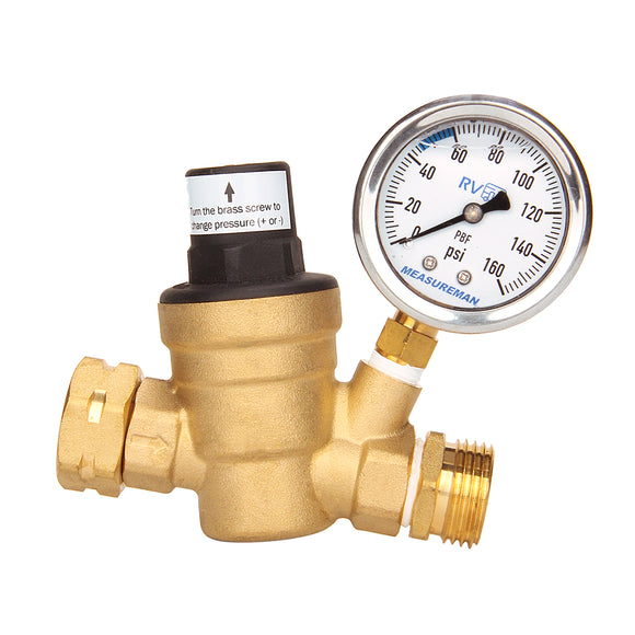 Measureman Adjustable Brass Lead Free RV Pressure Regulator, Pressure Reducer with Liquid Filled Pressure Gauge 160psi and Inlet Screened Filter for RV Camper Travel Trailer