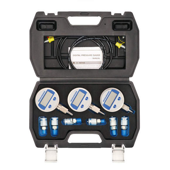 MEASUREMAN Portable Excavator Hydraulic Digital Pressure Test Coupling Kit, Including 6 Test Couplings, 3 Digital Pressure Gauges, 2 Test Hoses for Excavator Construction Machinery