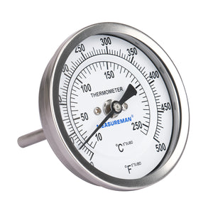 Measureman Fully Stainless Steel Bimetal Dial Thermometer, 3" Dial, 2-1/2" Stem, 50-550 deg F/10-260 deg C, +/-1% Accuracy, Adjustable, 1/2" NPT Back Mount