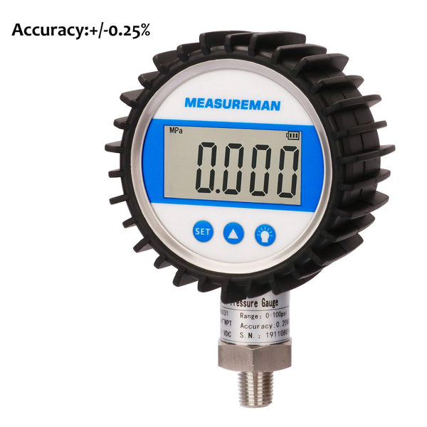Measureman - Tamaño de esfera de 3-1/8 pulgadas, medidor de presión digital, 0-100 psi/bar/Mpa/Kpa, montaje inferior NPT de 1/4 pulgadas, 0.25% de precisión